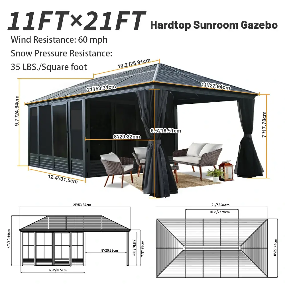 11'×21' Hardtop Sunroom & Gazebo - Front and Side Doors - Image 3