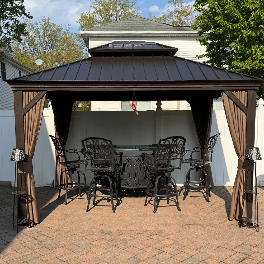 Aluminum Hardtop Gazebo Brown with Drainage Gutters - Image 10