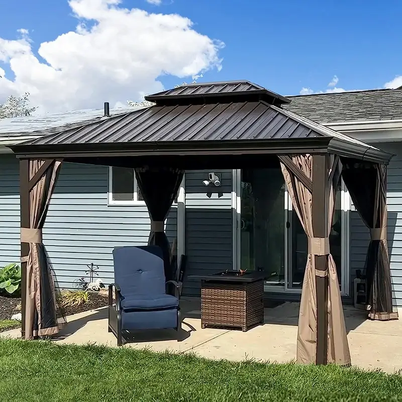 Aluminum Hardtop Gazebo Brown with Drainage Gutters - Image 11