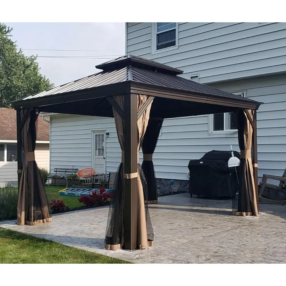Aluminum Hardtop Gazebo Brown with Drainage Gutters - Image 12