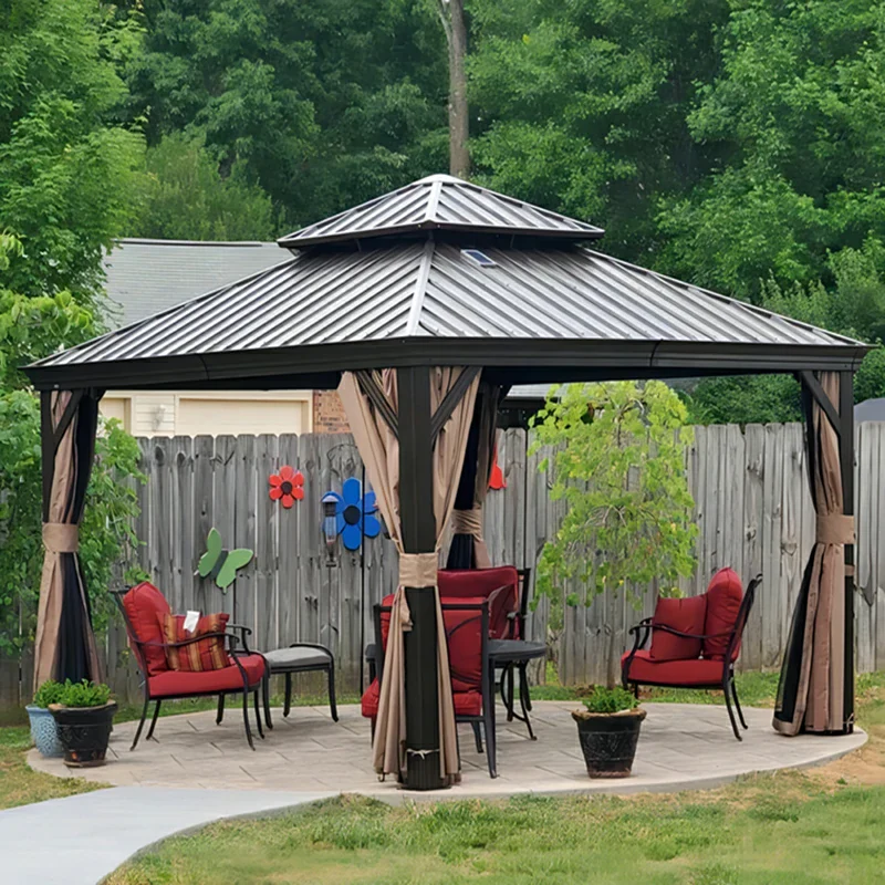 Aluminum Hardtop Gazebo Brown with Drainage Gutters - Image 14