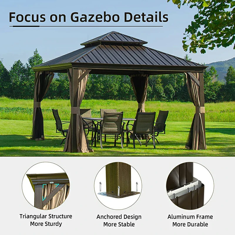 Aluminum Hardtop Gazebo Brown with Drainage Gutters - Image 21