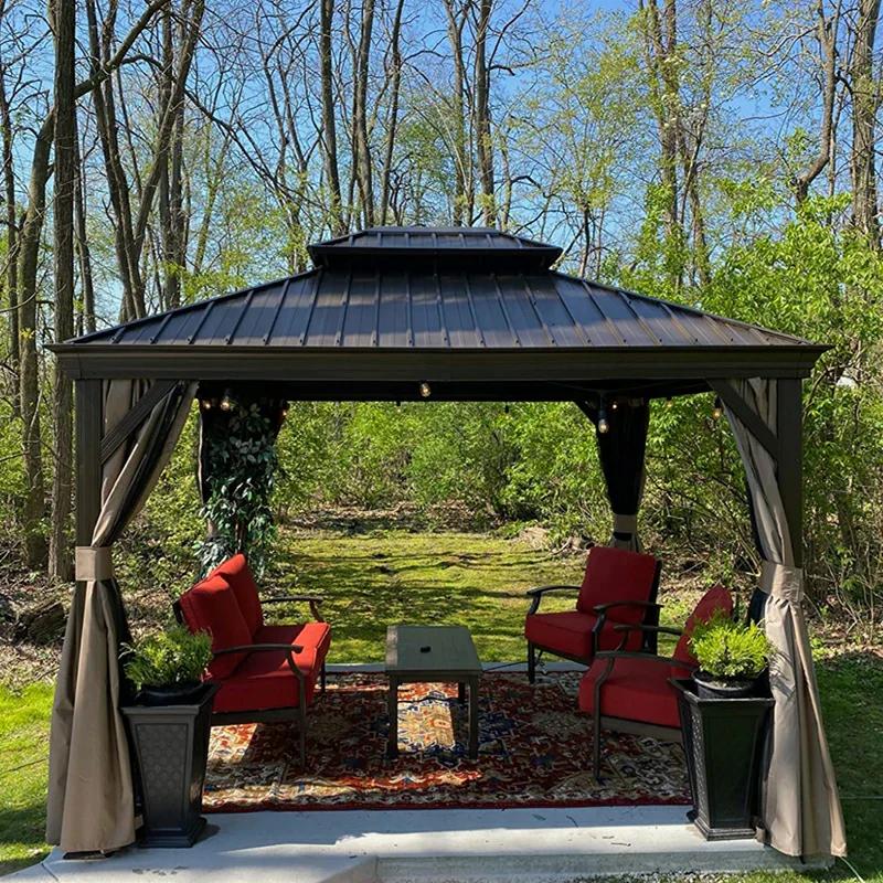 Aluminum Hardtop Gazebo Brown with Drainage Gutters - Image 22
