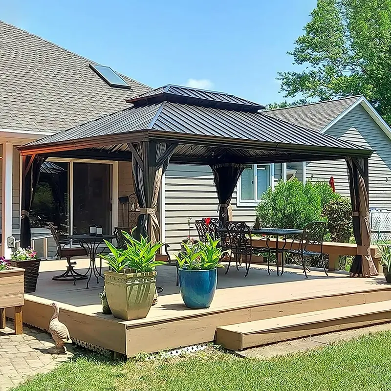 Aluminum Hardtop Gazebo Brown with Drainage Gutters - Image 30