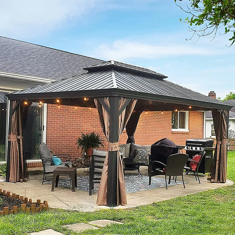 Aluminum Hardtop Gazebo Brown with Drainage Gutters - Image 31