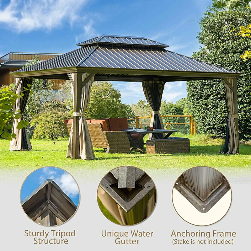 Aluminum Hardtop Gazebo Brown with Drainage Gutters - Image 33