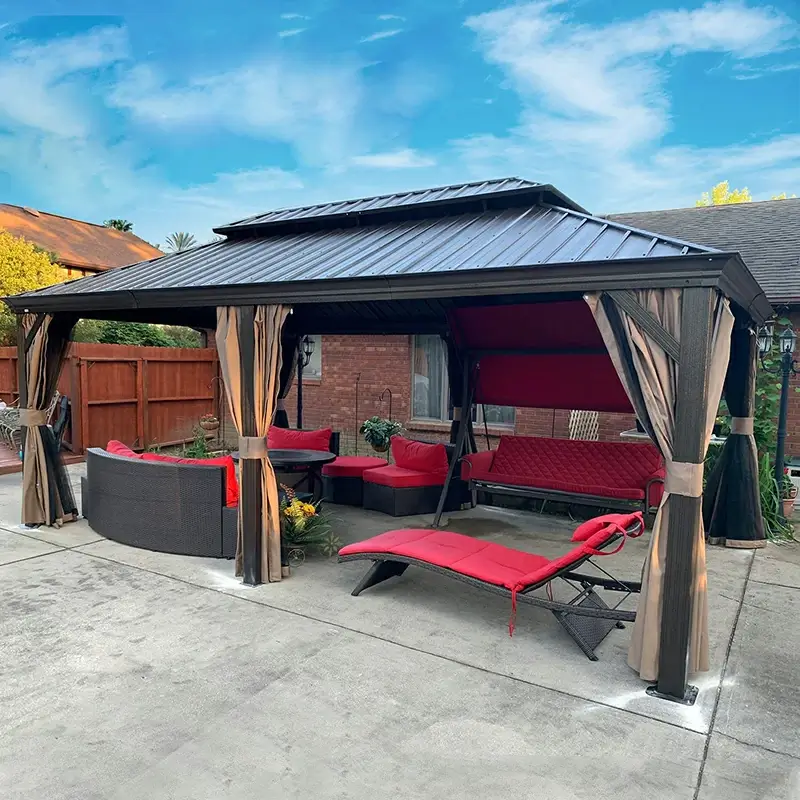 Aluminum Hardtop Gazebo Brown with Drainage Gutters - Image 41