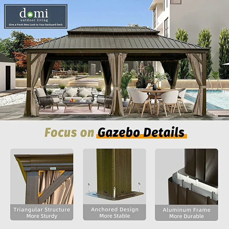 Aluminum Hardtop Gazebo Brown with Drainage Gutters - Image 44
