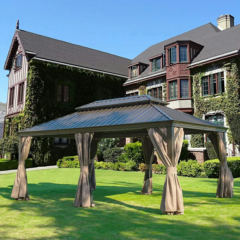Aluminum Hardtop Gazebo Brown with Drainage Gutters - Image 49