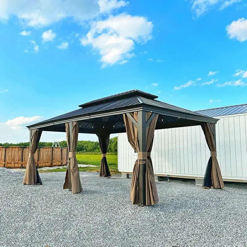 Aluminum Hardtop Gazebo Brown with Drainage Gutters - Image 50