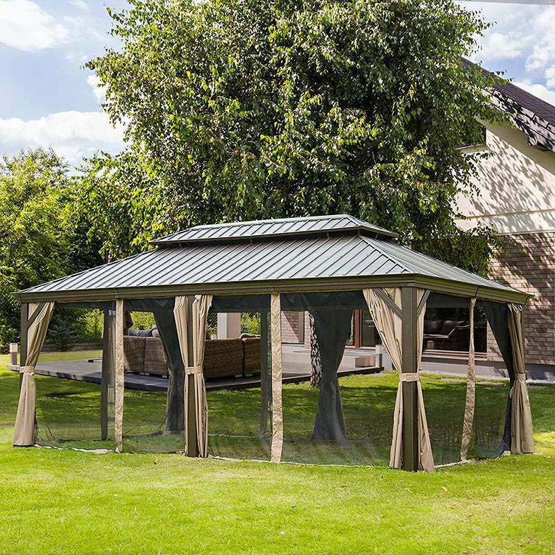 Aluminum Hardtop Gazebo Brown with Drainage Gutters - Image 59