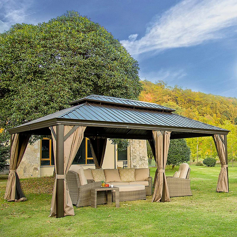 Aluminum Hardtop Gazebo Brown with Drainage Gutters - Image 60