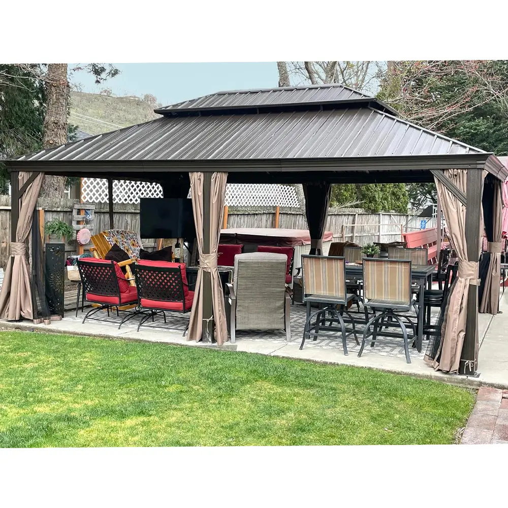 Aluminum Hardtop Gazebo Brown with Drainage Gutters - Image 61