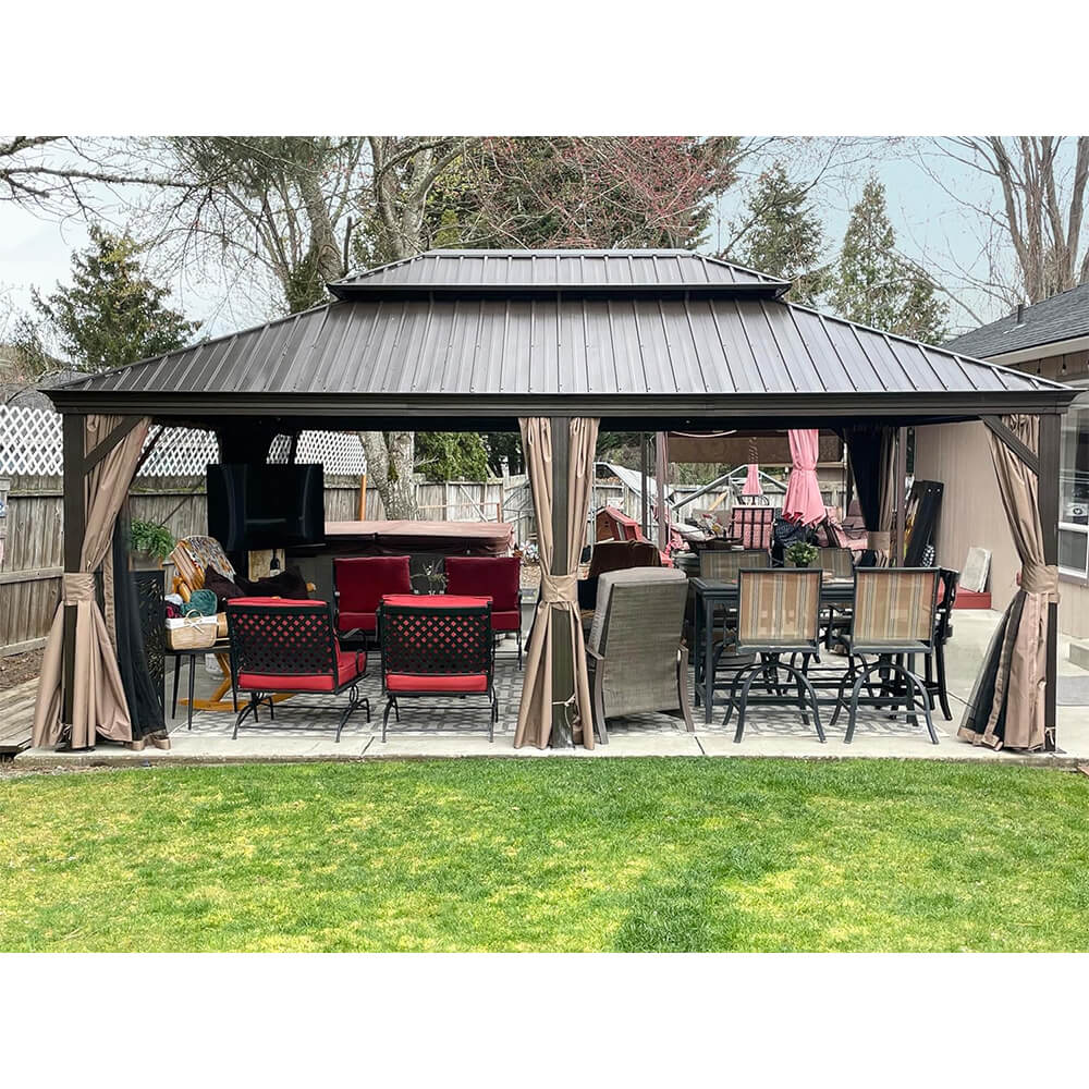 Aluminum Hardtop Gazebo Brown with Drainage Gutters - Image 62