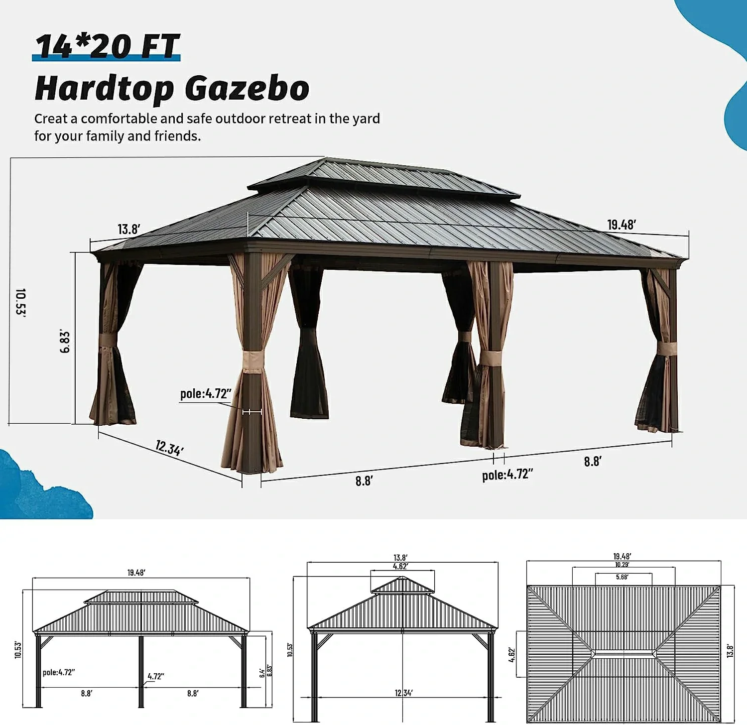 Aluminum Hardtop Gazebo Brown with Drainage Gutters - Image 63