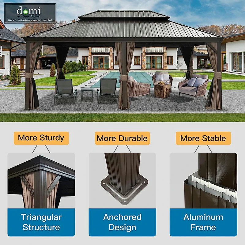 Aluminum Hardtop Gazebo Brown with Drainage Gutters - Image 68