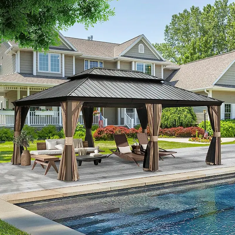 Aluminum Hardtop Gazebo Brown with Drainage Gutters - Image 70
