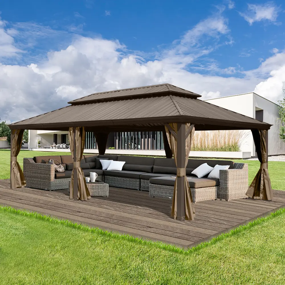 Aluminum Hardtop Gazebo Brown with Drainage Gutters - Image 71