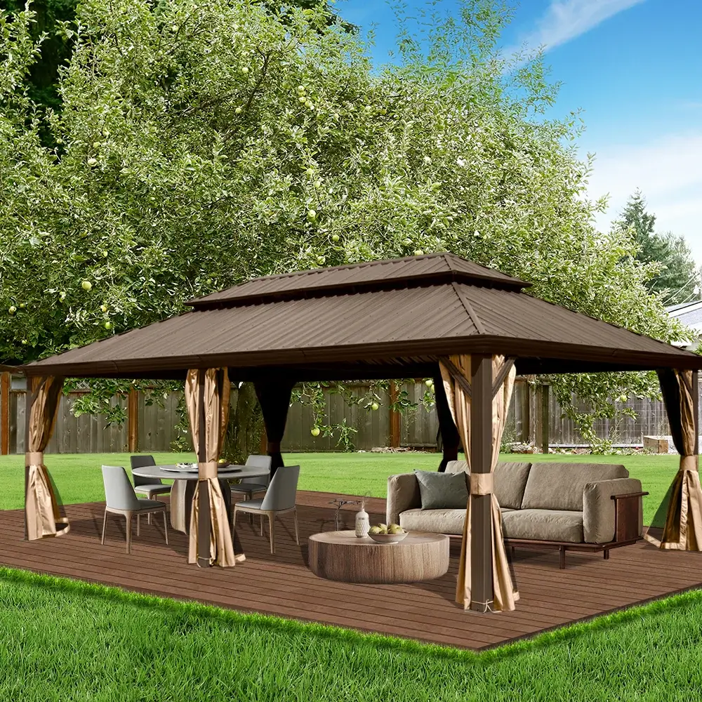 Aluminum Hardtop Gazebo Brown with Drainage Gutters - Image 80