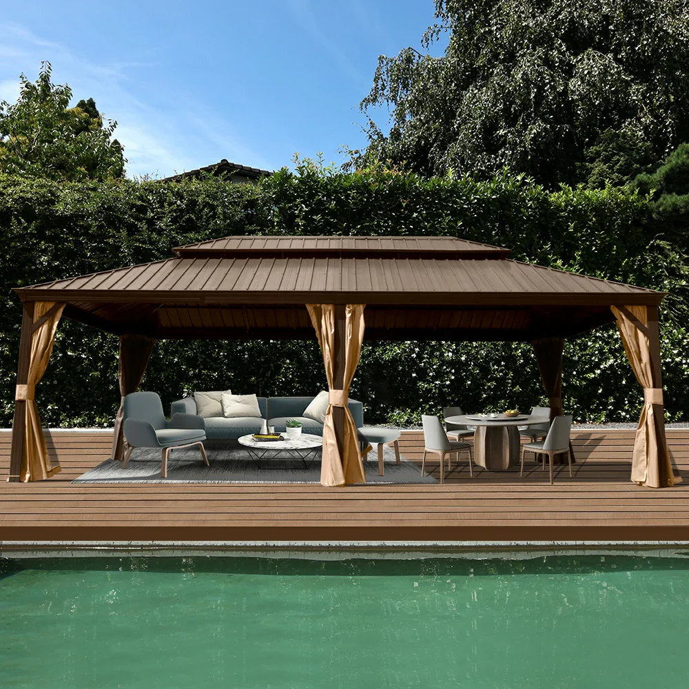 Aluminum Hardtop Gazebo Brown with Drainage Gutters - Image 81