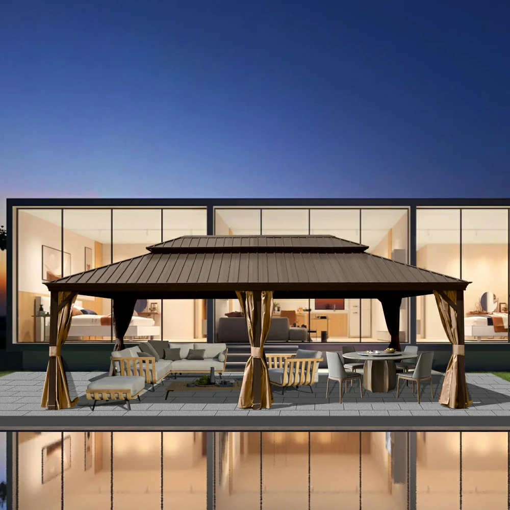 Aluminum Hardtop Gazebo Brown with Drainage Gutters - Image 82