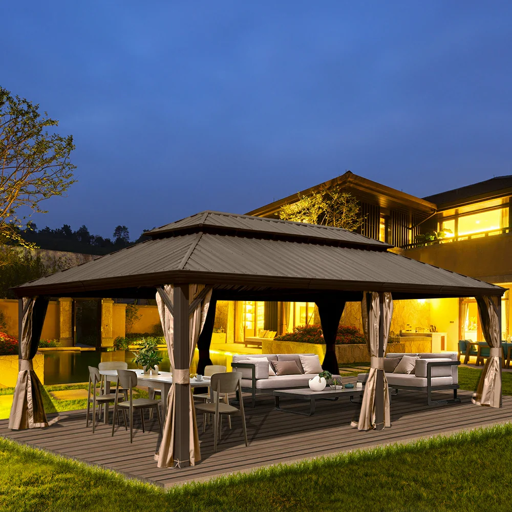 Aluminum Hardtop Gazebo Brown with Drainage Gutters - Image 83