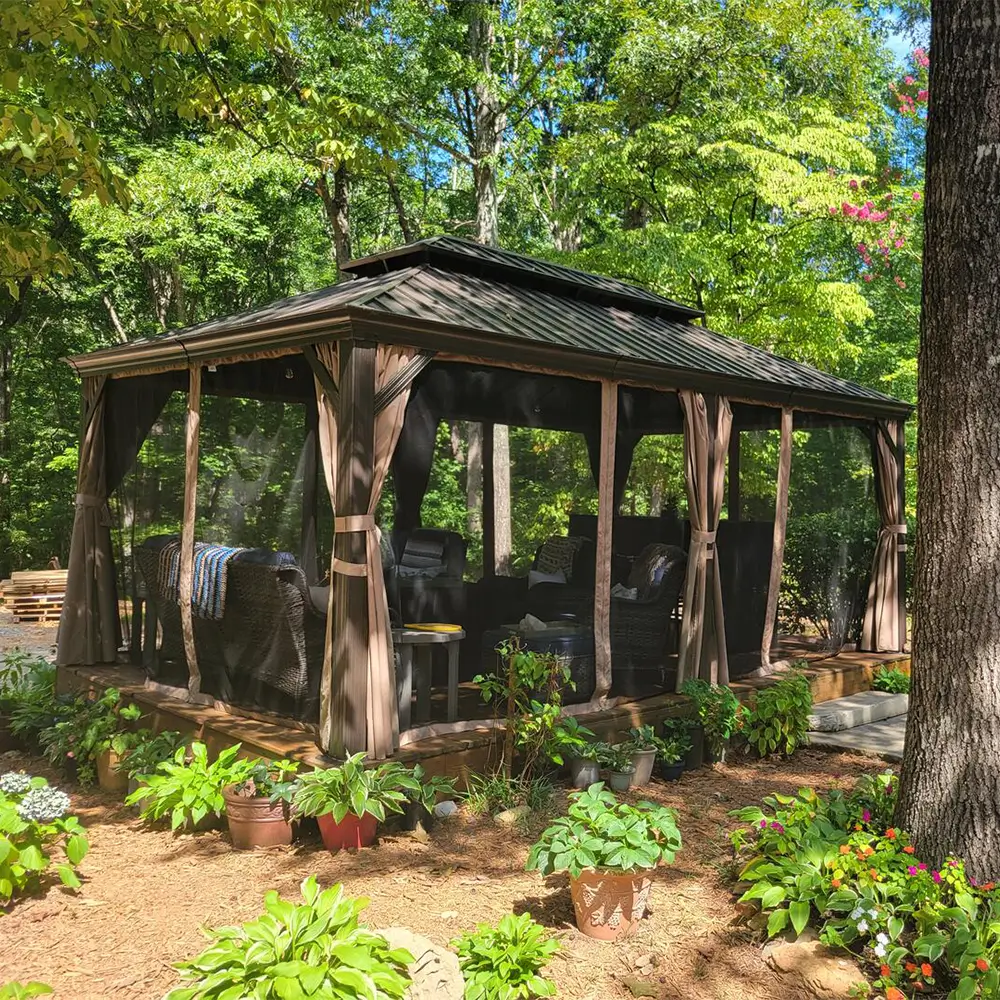 Aluminum Hardtop Gazebo Brown with Drainage Gutters - Image 84