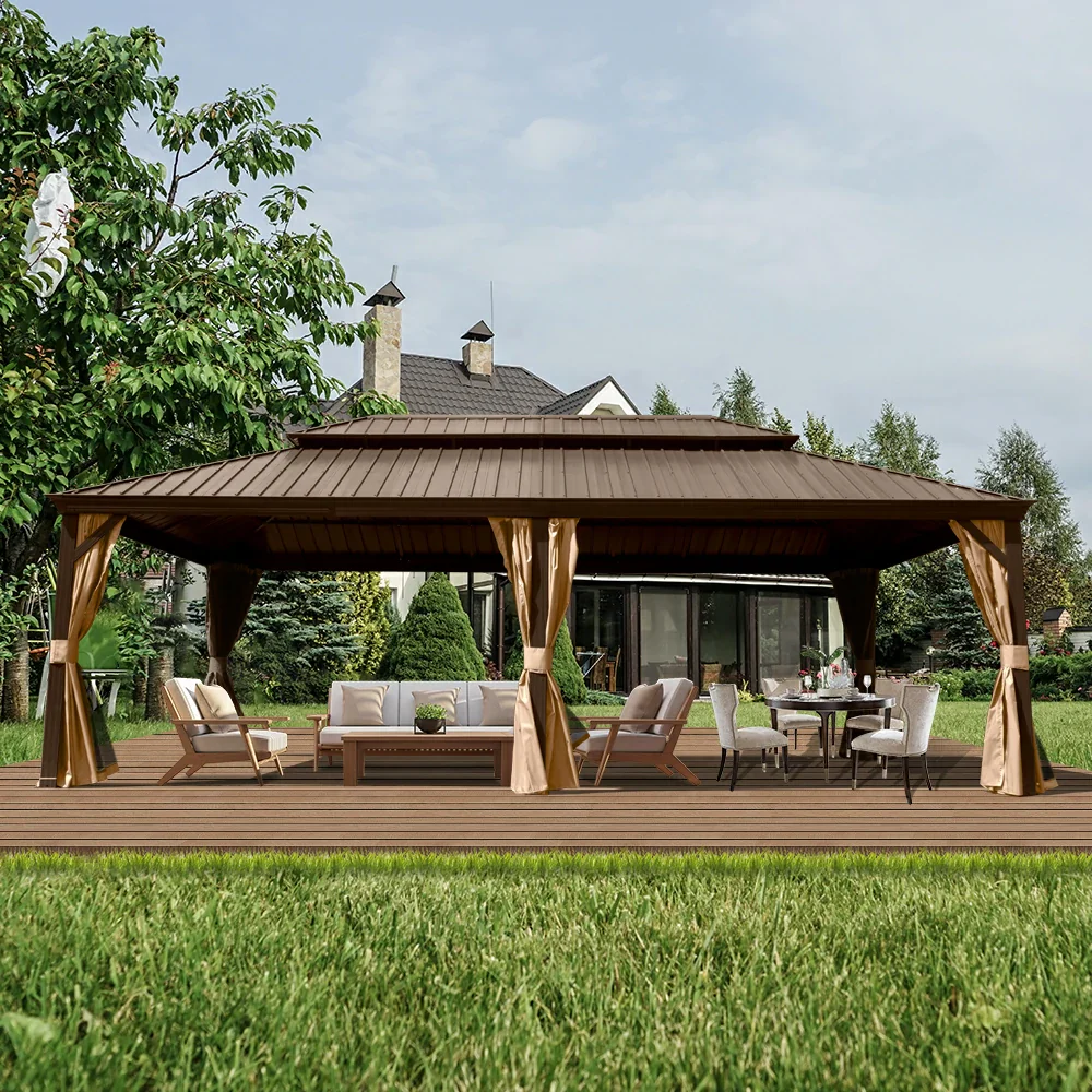 Aluminum Hardtop Gazebo Brown with Drainage Gutters - Image 85