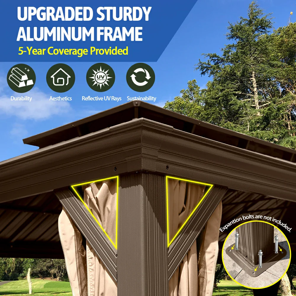 Aluminum Hardtop Gazebo Brown with Drainage Gutters - Image 88
