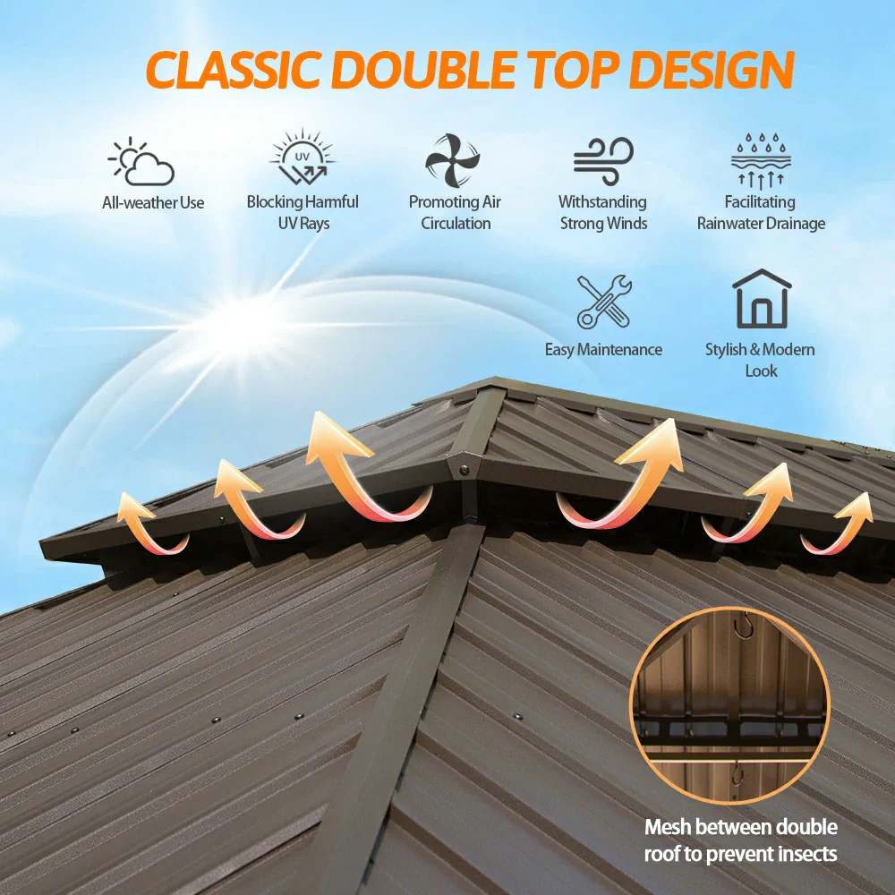Aluminum Hardtop Gazebo Brown with Drainage Gutters - Image 89