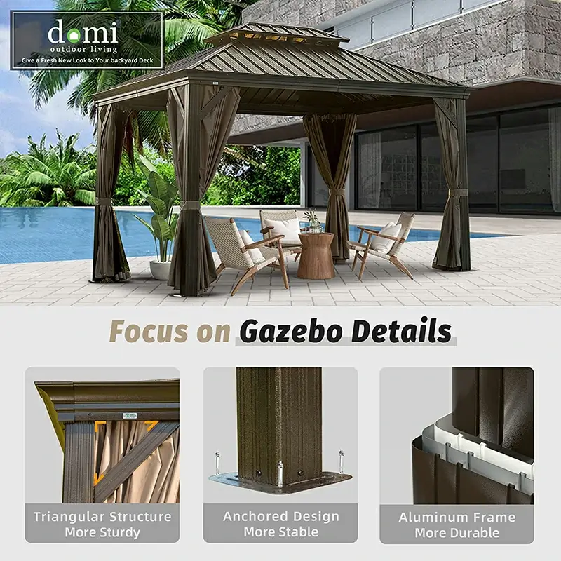 Aluminum Hardtop Gazebo Brown with Drainage Gutters - Image 9