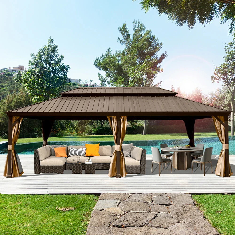 Aluminum Hardtop Gazebo Brown with Drainage Gutters - Image 93