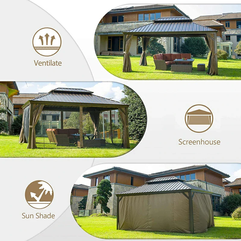 Aluminum Hardtop Gazebo Brown with Drainage Gutters - Image 97
