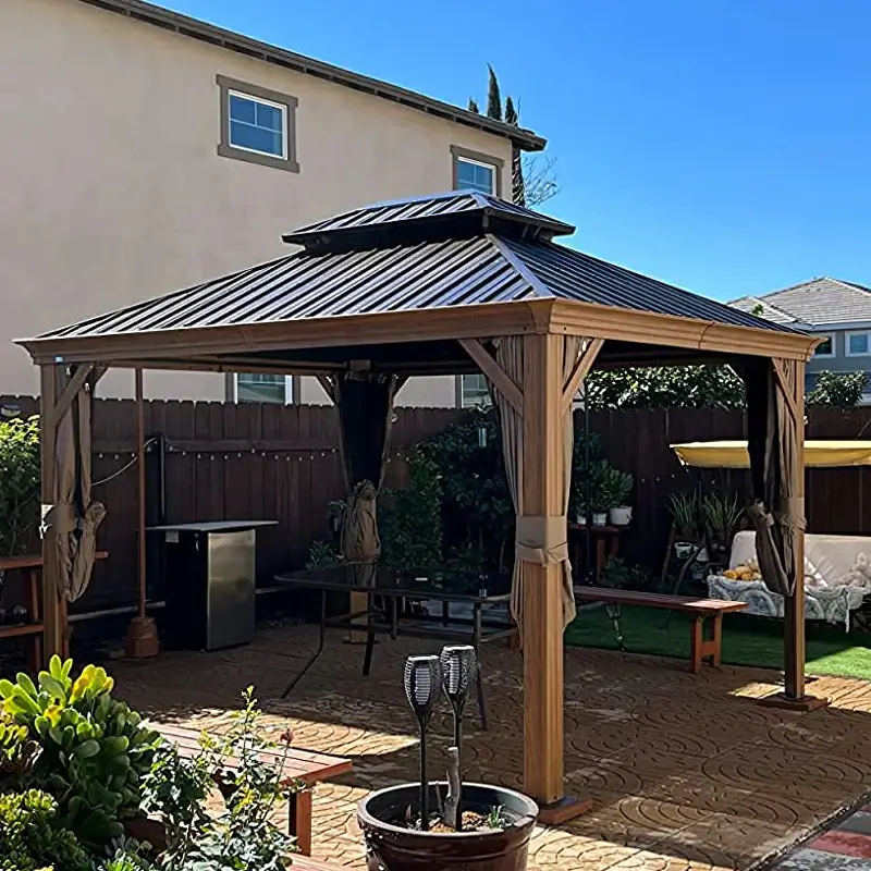 Aluminum Hardtop Gazebo Wood-Looking with Drainage Gutters - Image 11