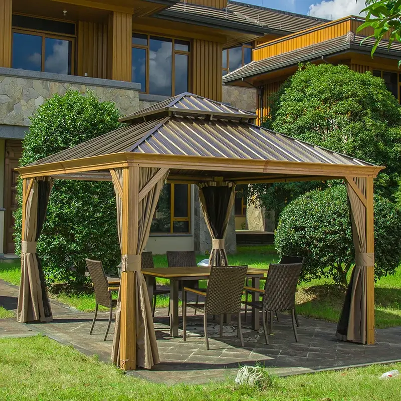 Aluminum Hardtop Gazebo Wood-Looking with Drainage Gutters - Image 12