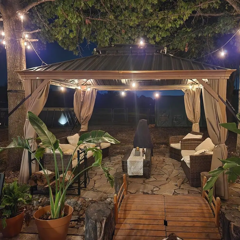 Aluminum Hardtop Gazebo Wood-Looking with Drainage Gutters - Image 13