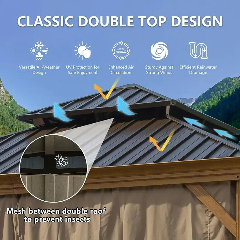 Aluminum Hardtop Gazebo Wood-Looking with Drainage Gutters - Image 18