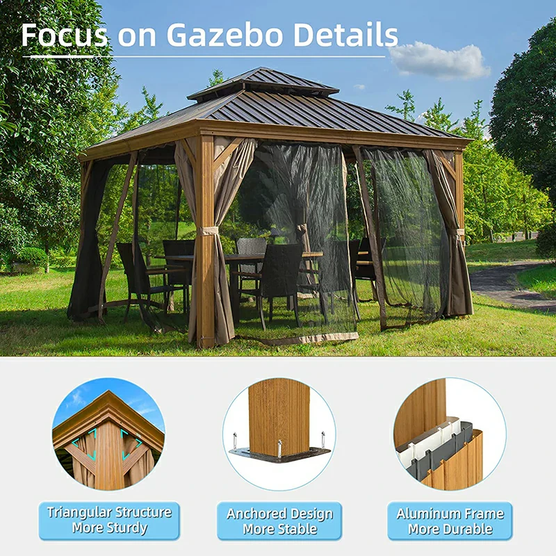 Aluminum Hardtop Gazebo Wood-Looking with Drainage Gutters - Image 20