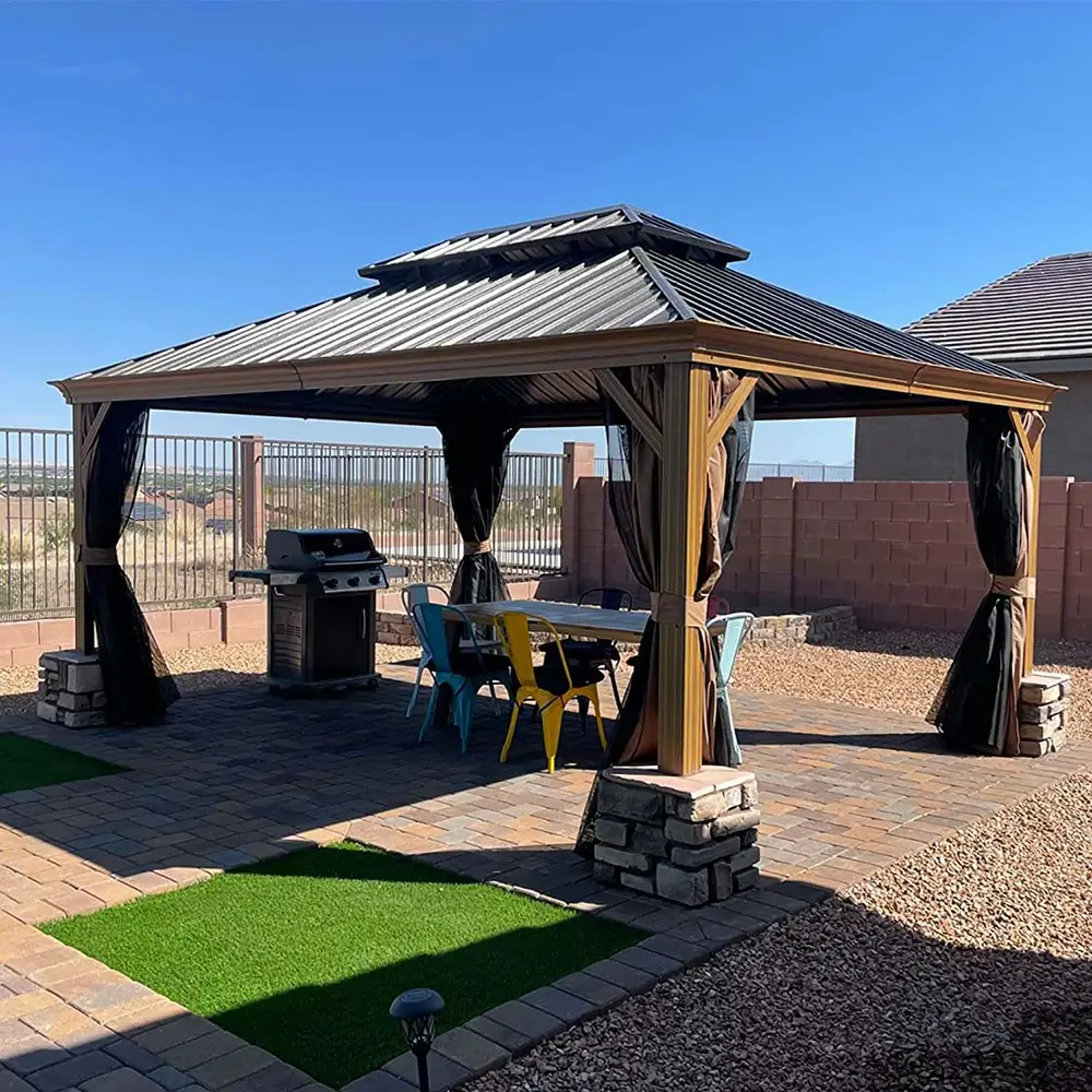 Aluminum Hardtop Gazebo Wood-Looking with Drainage Gutters - Image 21