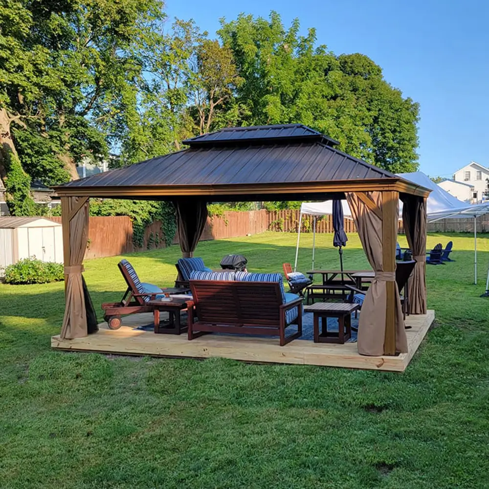 Aluminum Hardtop Gazebo Wood-Looking with Drainage Gutters - Image 22