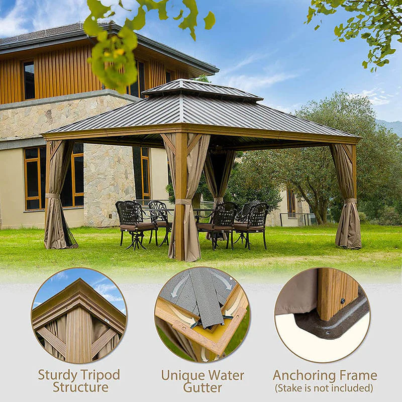 Aluminum Hardtop Gazebo Wood-Looking with Drainage Gutters - Image 25