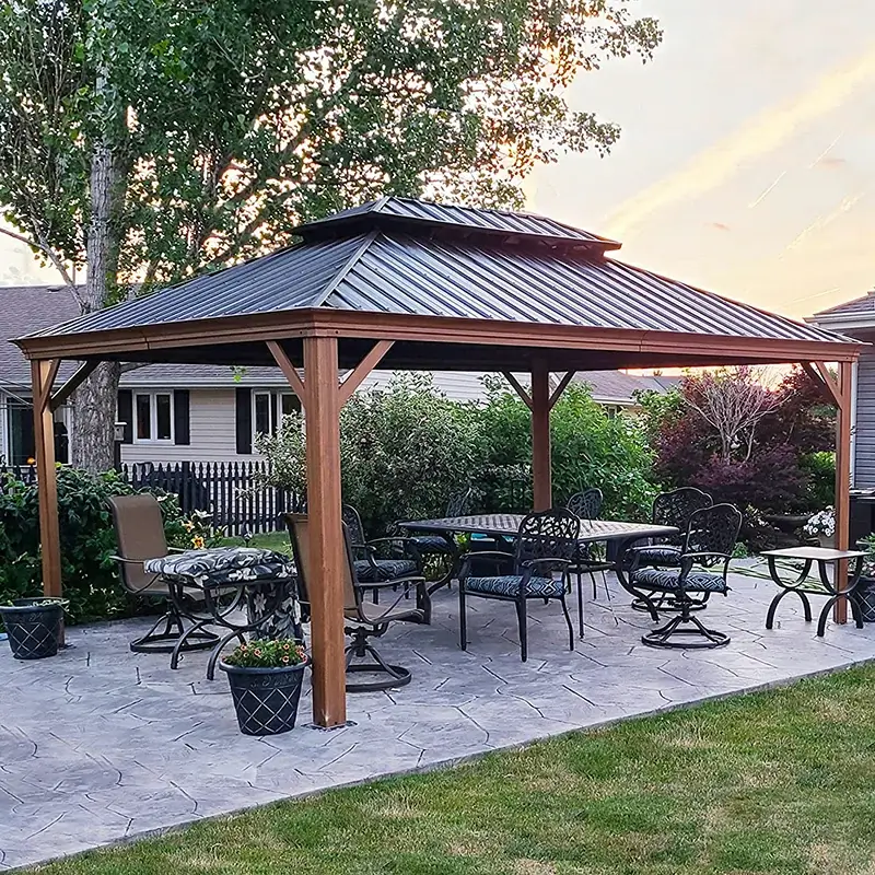 Aluminum Hardtop Gazebo Wood-Looking with Drainage Gutters - Image 31