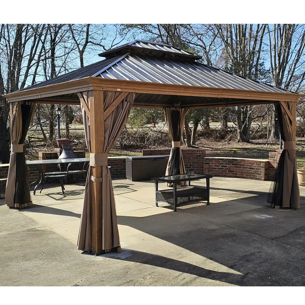 Aluminum Hardtop Gazebo Wood-Looking with Drainage Gutters - Image 32