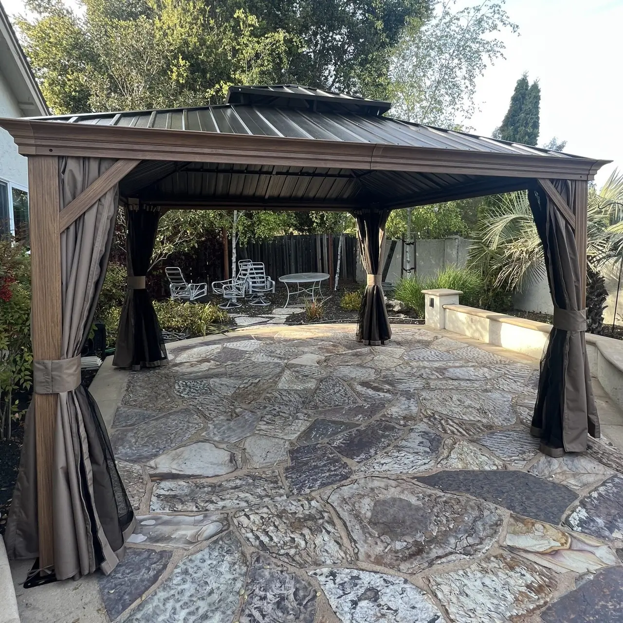 Aluminum Hardtop Gazebo Wood-Looking with Drainage Gutters - Image 33