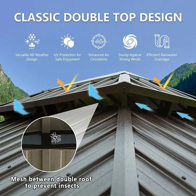 Aluminum Hardtop Gazebo Wood-Looking with Drainage Gutters - Image 37