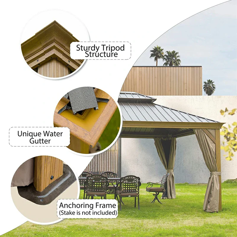 Aluminum Hardtop Gazebo Wood-Looking with Drainage Gutters - Image 39