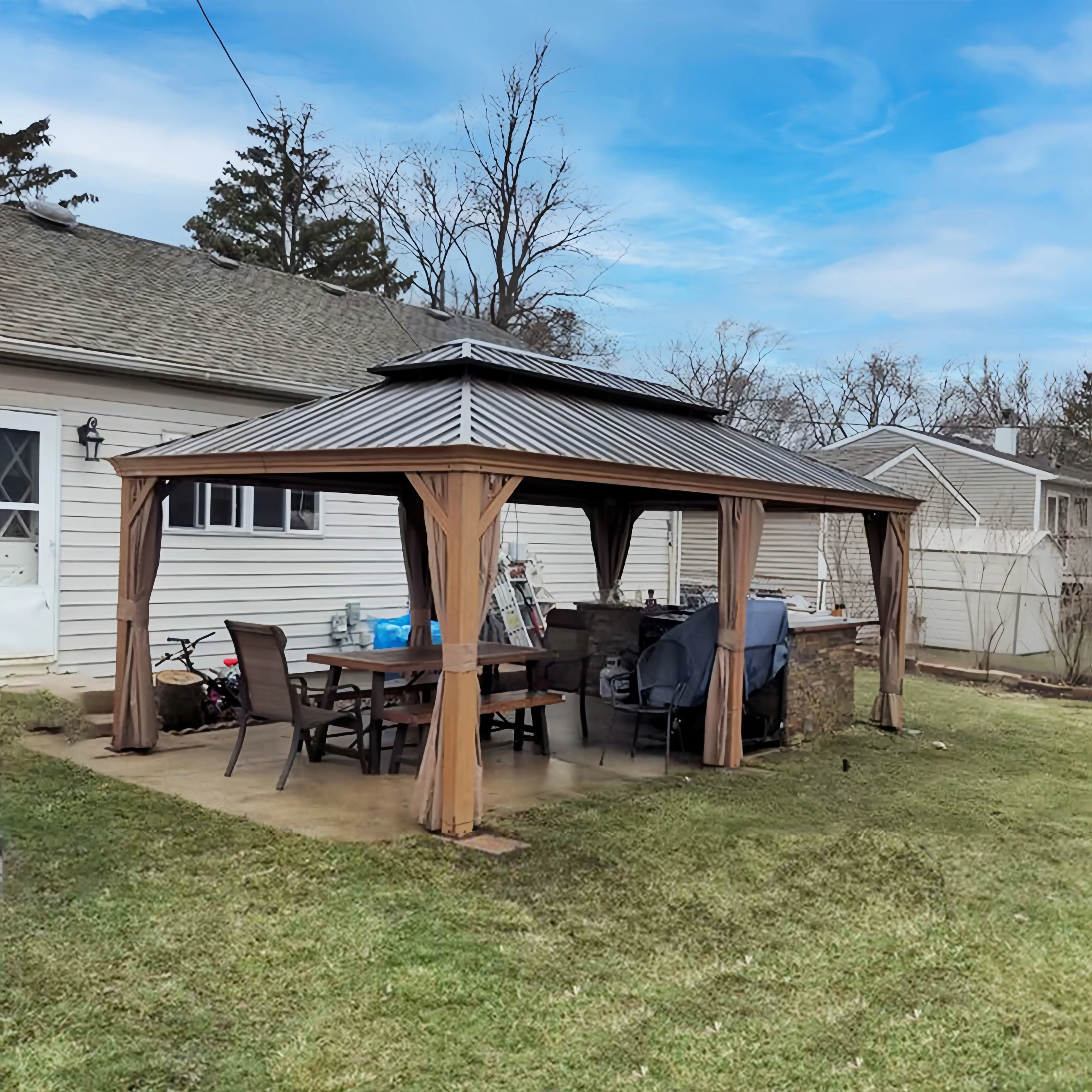 Aluminum Hardtop Gazebo Wood-Looking with Drainage Gutters - Image 42