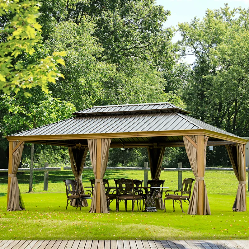 Aluminum Hardtop Gazebo Wood-Looking with Drainage Gutters - Image 43