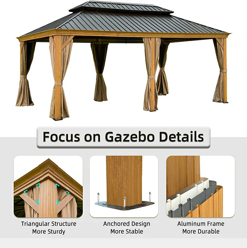 Aluminum Hardtop Gazebo Wood-Looking with Drainage Gutters - Image 46