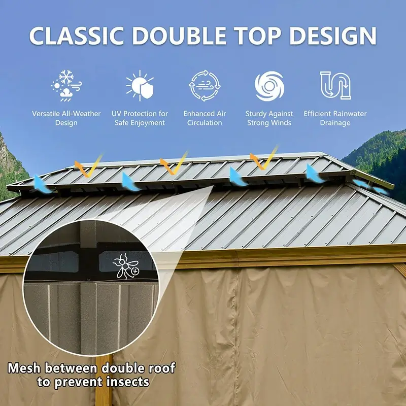 Aluminum Hardtop Gazebo Wood-Looking with Drainage Gutters - Image 49